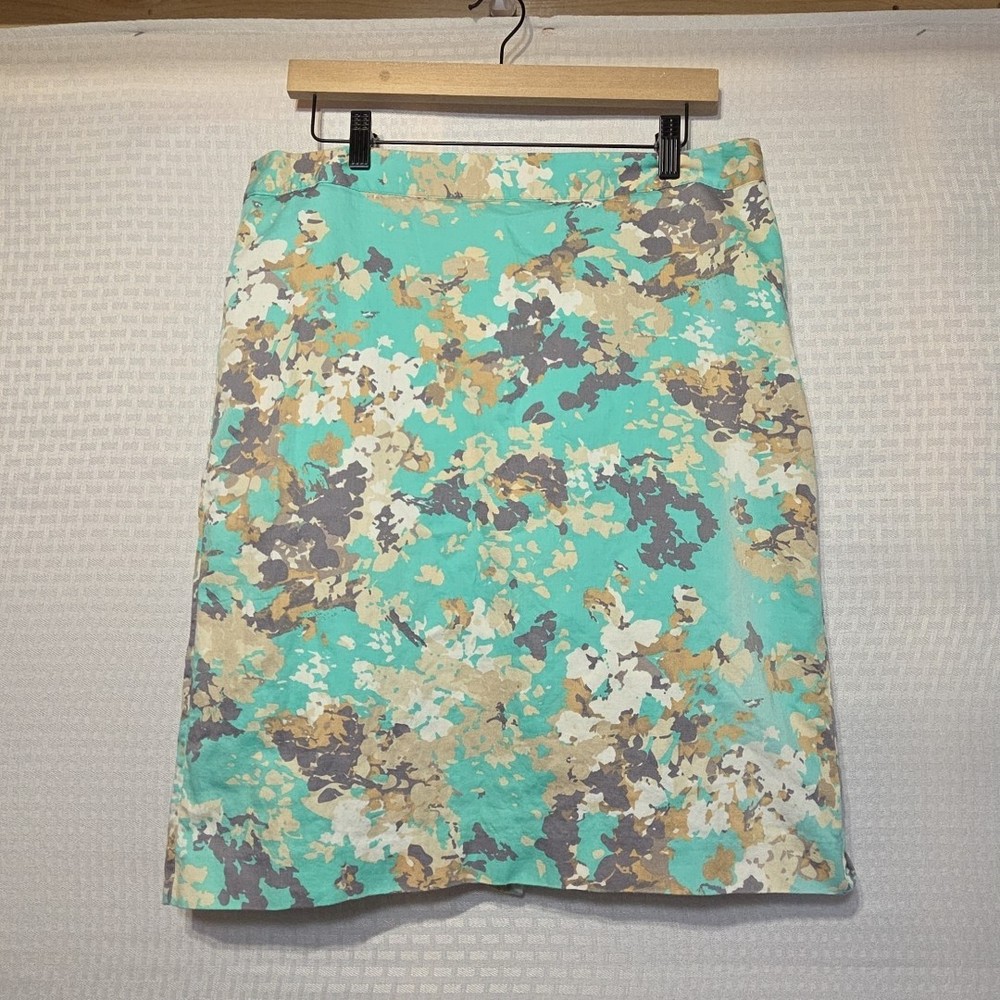 Van Heusen Studio Skirt Size 12 Aqua Brown Gray Floral Print 100% Cotton Lined