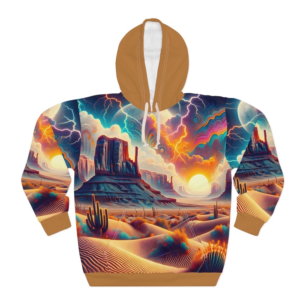 Desert-Inspired All-Over Print Hoodie with Psychedelic Sunset Design