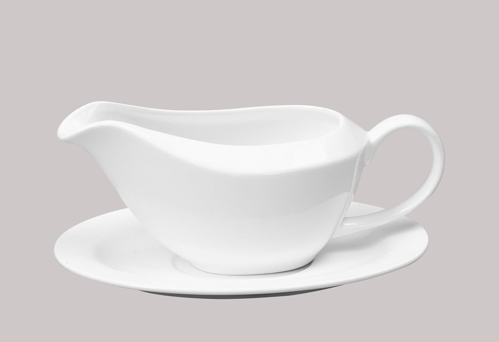 Bone China Coupe Shape, Elegance White Gravy Boat with Saucer Set