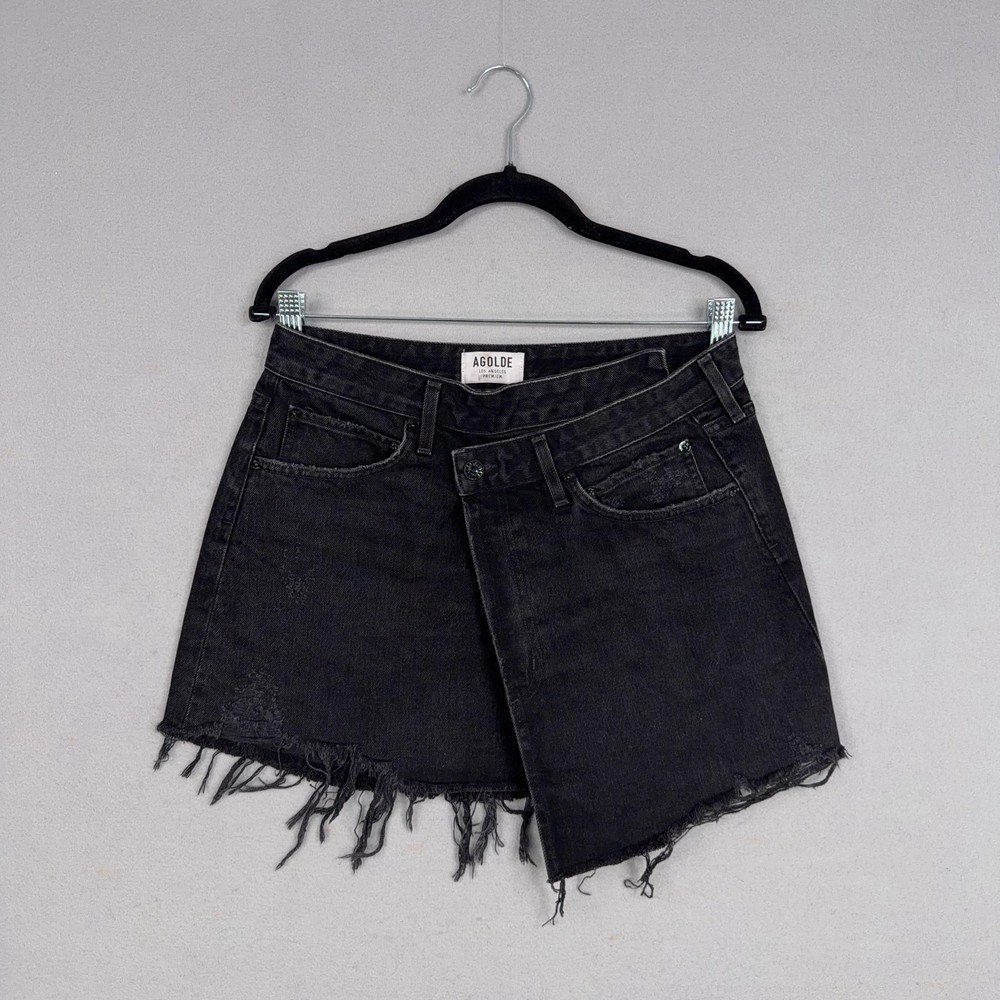 AGOLDE Skirt Womens 28 Denim Criss Cross Crossover Asymmetrical Frayed Hem Mini