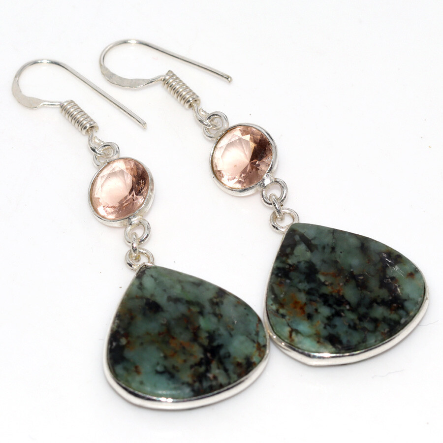 925 Silver African Turquoise Morganite Long Drop Earrings 2.1 Inch Jewelry