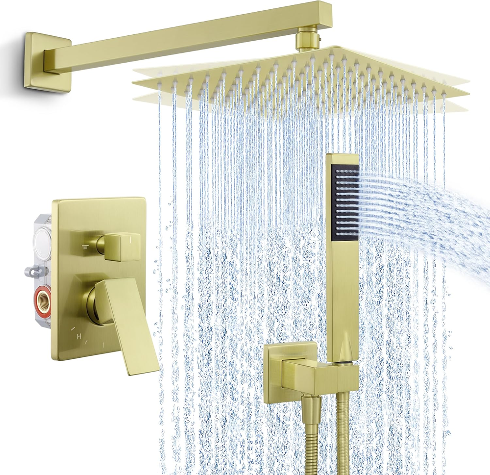 Gold Shower Faucet Set, Shower System 10 Inches Rain Shower Head with Handheld,
