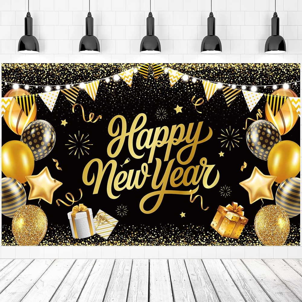 Happy New Year Banner Backdrop 2026 for New Years Eve Party Supplies Glitter Bla