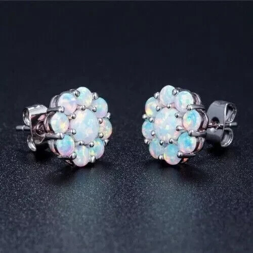 Round Cut Fire Opal Flower Stud Earrings in 14K White Gold Plated Finish