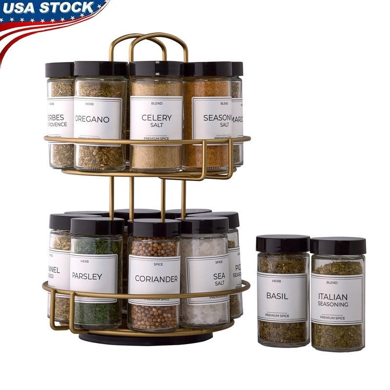 16-Jar Spice Rack Organizer with Labels & Sifter Lids for Kitchen Storage