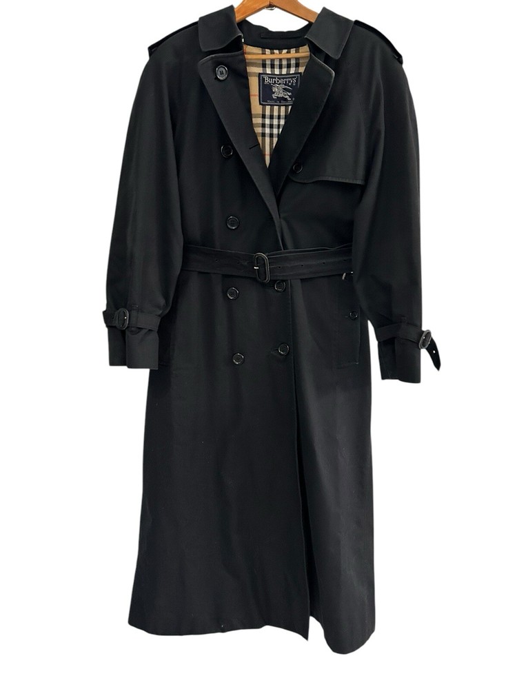 VTG Burberrys Trench Coat Nova Check Lined Black England Ladies L