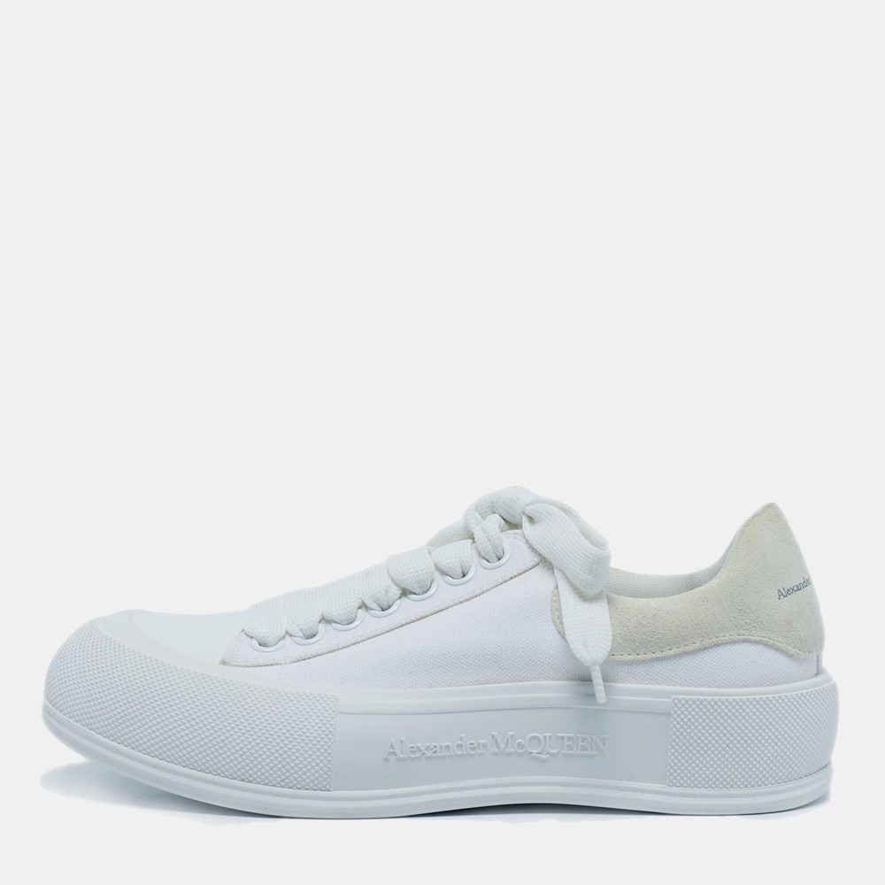 Alexander McQueen White Canvas Suede Lace-Up Sneakers Size 38