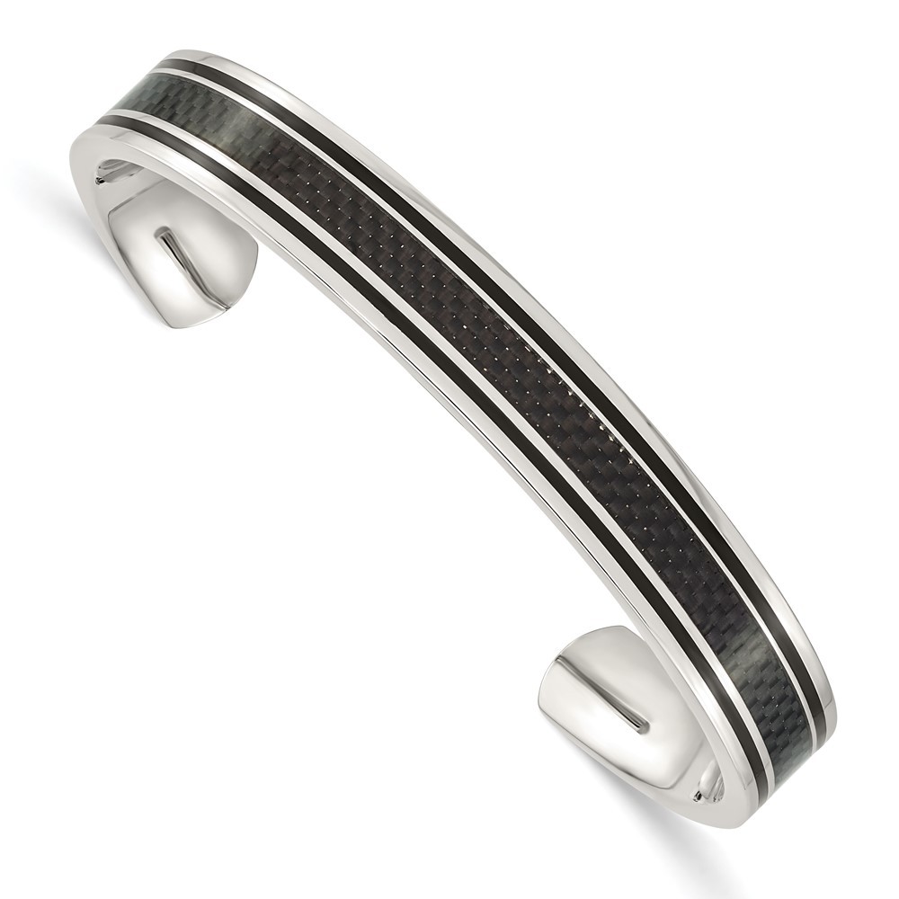 Stainless Steel Black IP-plated Carbon Fiber Inlay Cuff Bangle Bracelet 7.5