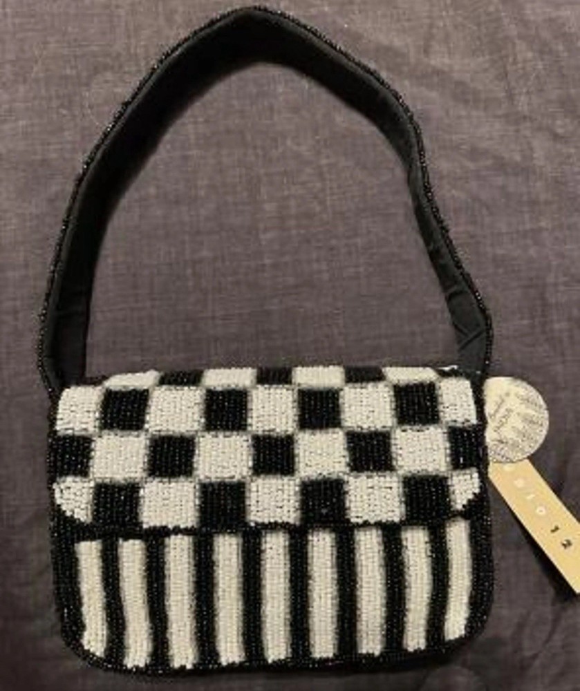 VIRAL Studio 12 Hand Beaded Black White Checkered Striped Shoulder Bag