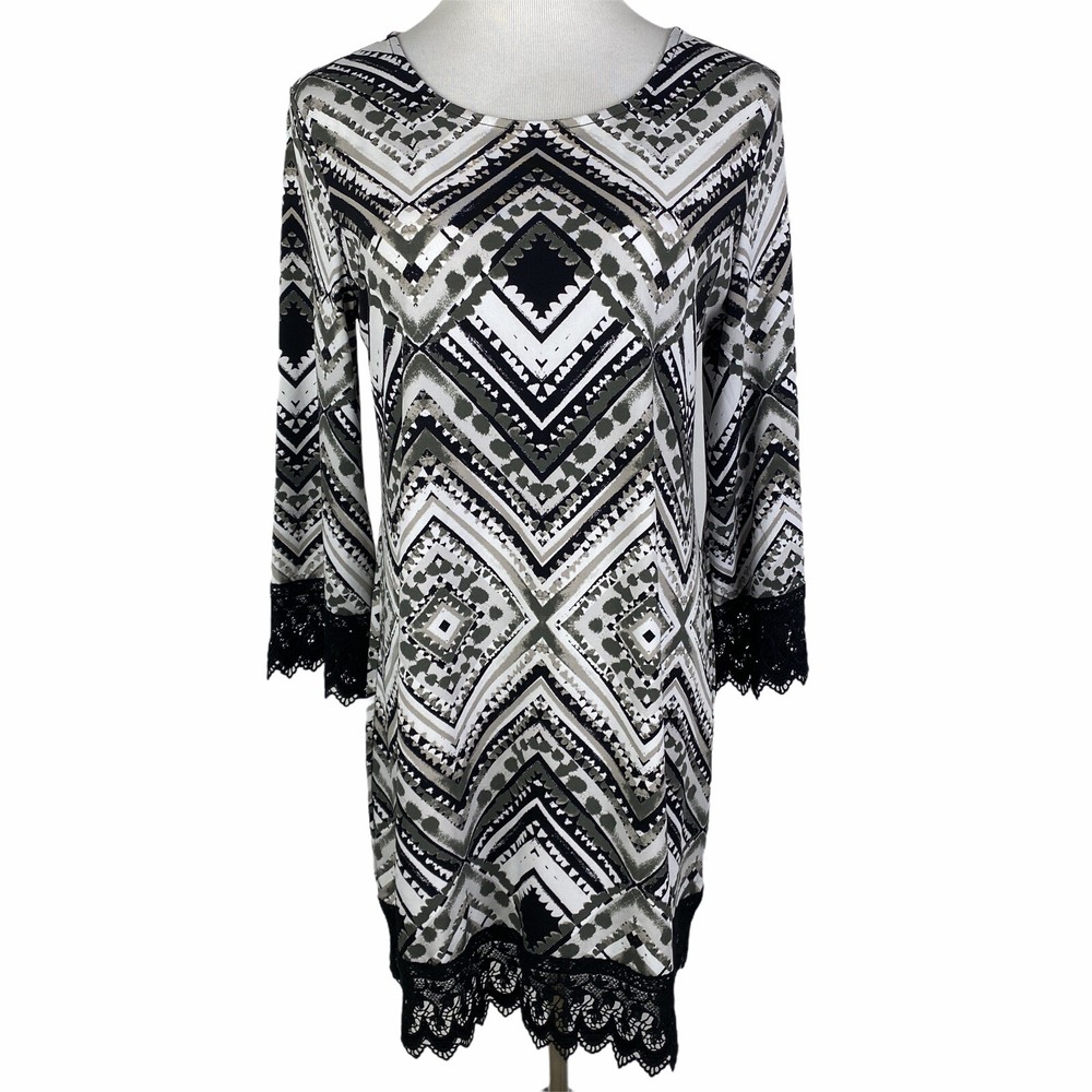 Alfani Lace Trim Sheath Dress Women's Medium Black White Printed 3/4 Sleeve