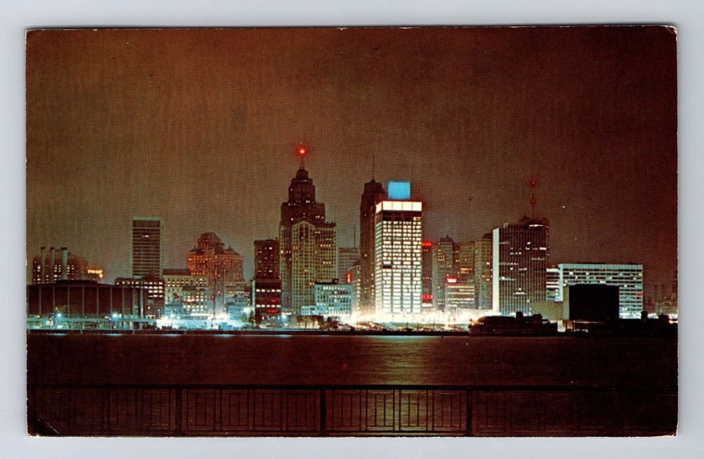 Detroit MI-Michigan, Night Skyline View, Antique, Vintage c1970 Postcard