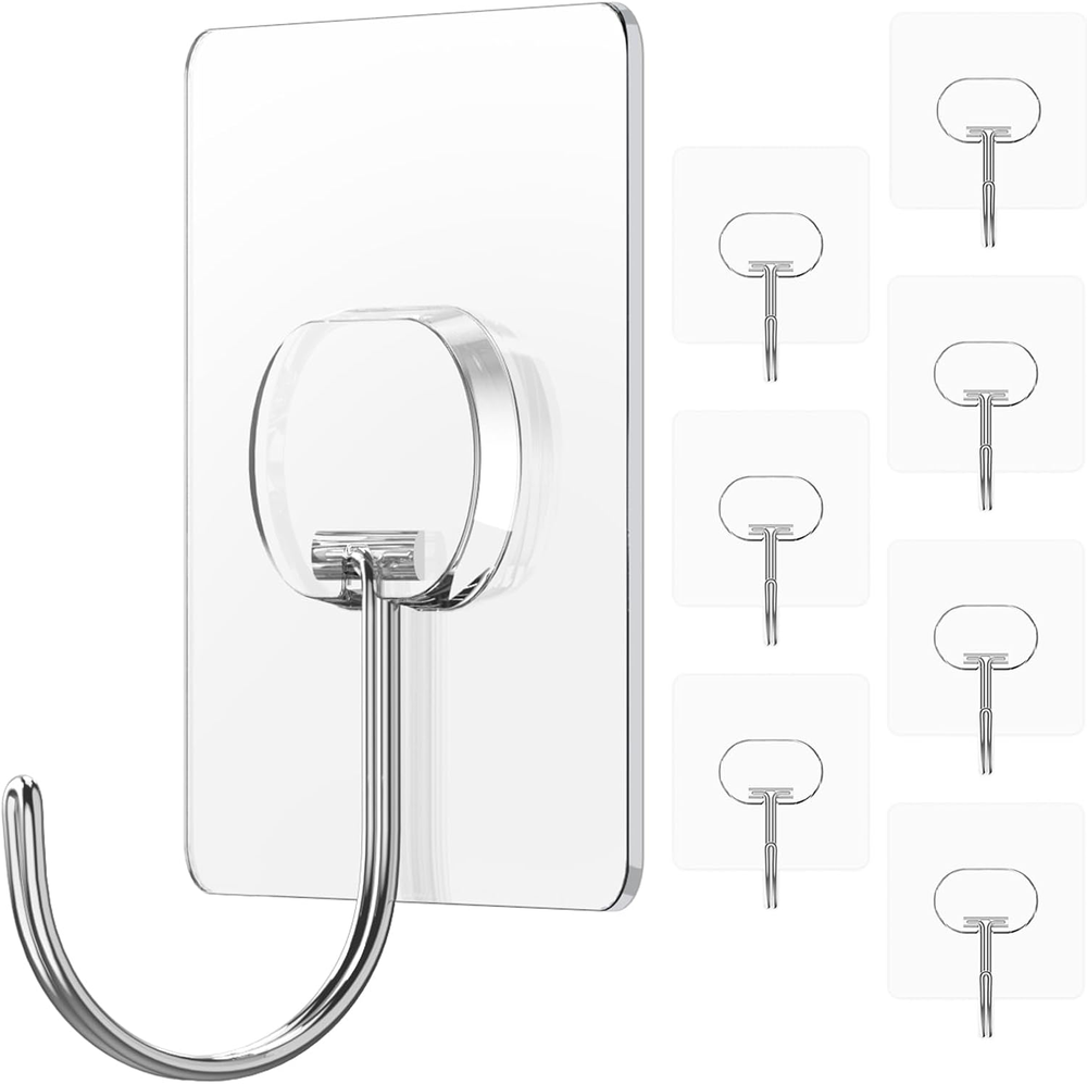 8-Pack Heavy Duty Waterproof Transparent Wall Hooks - Large Adhesive Hooks