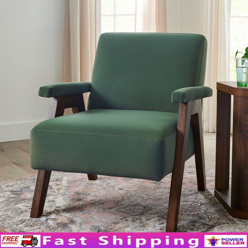 Ezra Modern Accent Chair with Cushioned Armrests and Solid Wood Frame