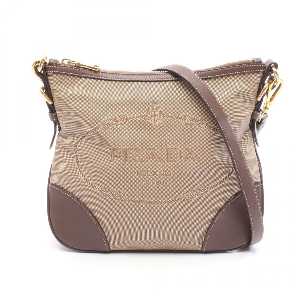PRADA LOGO JACQUARD Crossbody Shoulder Bag BT867A canvas leather Beige Brown