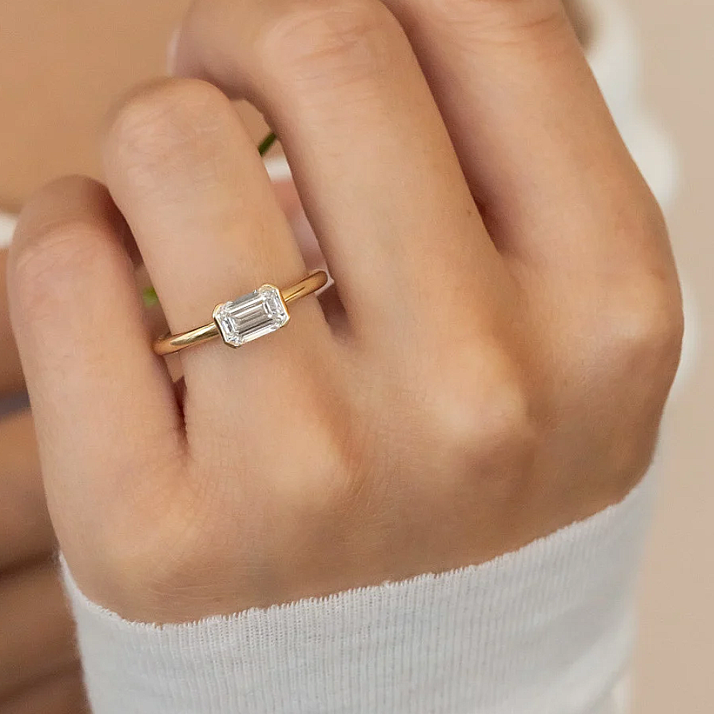 14k  Yellow Gold Emerald Cut Diamond Ring 1.00 Ct IGI Certified Lab Created