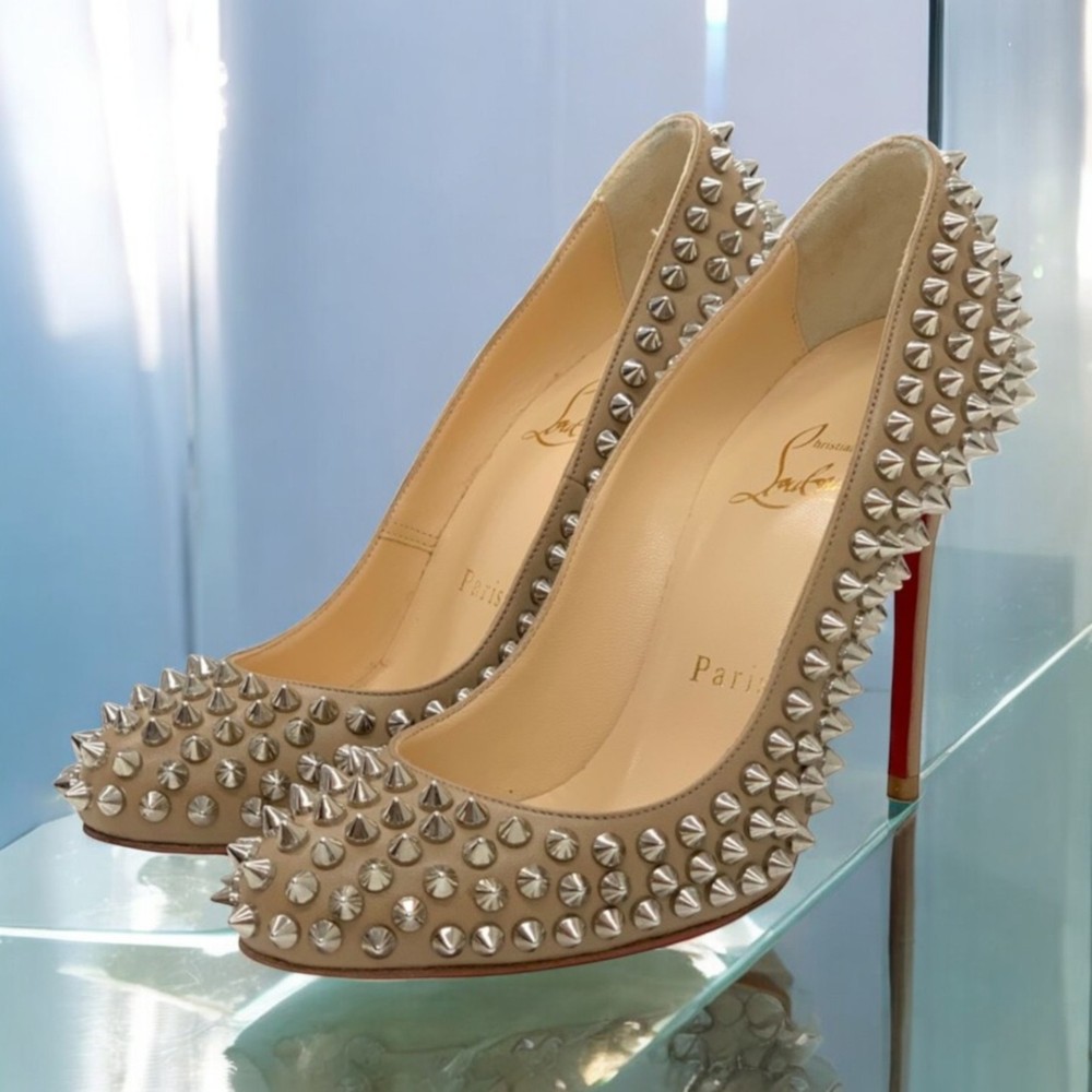 Christian Louboutin Fifi Spikes 100 Beige Leather Studded Pumps EU 34.5
