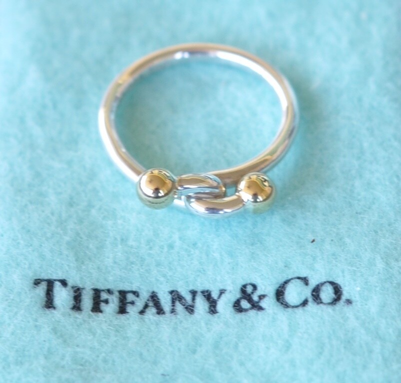 Tiffany & Co  Double Ball Love Knot Hook Ring Sterling Silver 925  18k Size 5 US