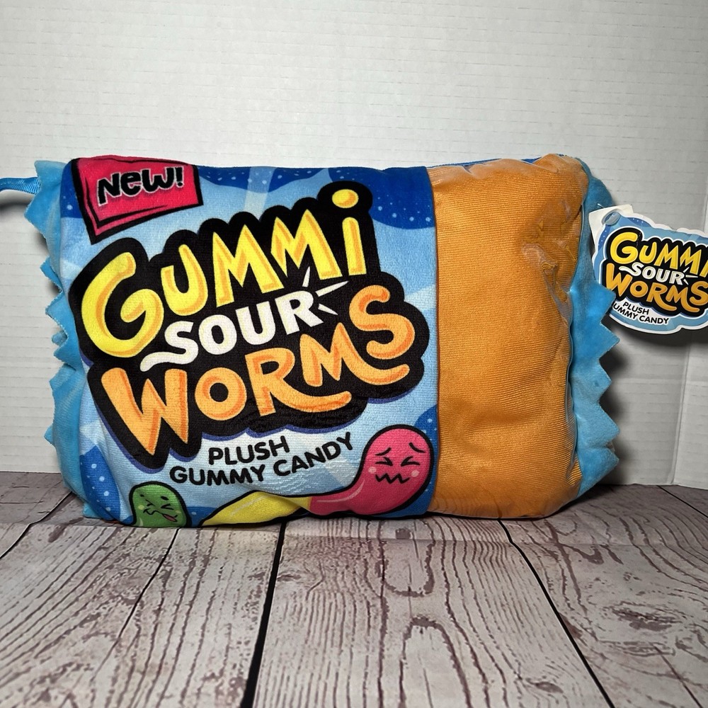 Sour Gummy Worms Plush 11x8 Candy Pillow Collectible Fun Foodie Toy