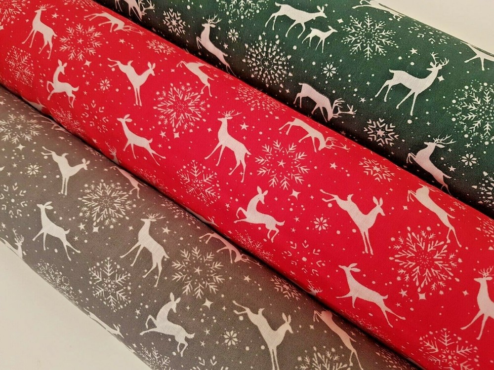 Christmas Polycotton Fabric Material Reindeer & Snowflakes on Green