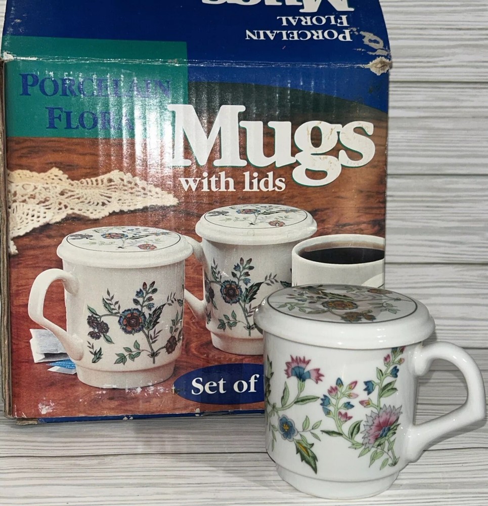 Vintage Circa 1998 NIB NOS Tea Mugs Cups With Lids Floral Porcelain Set Of 4