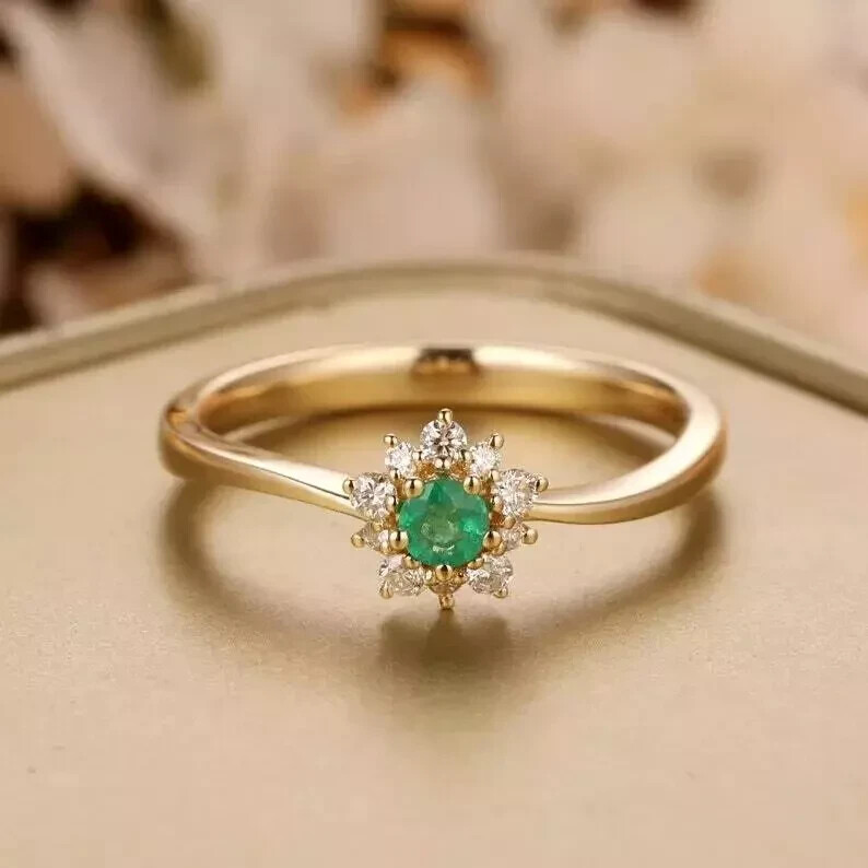 1Ct Round Cut Lab Created Emerald Women's Engagement Ring 14K Yellow Gold Plated