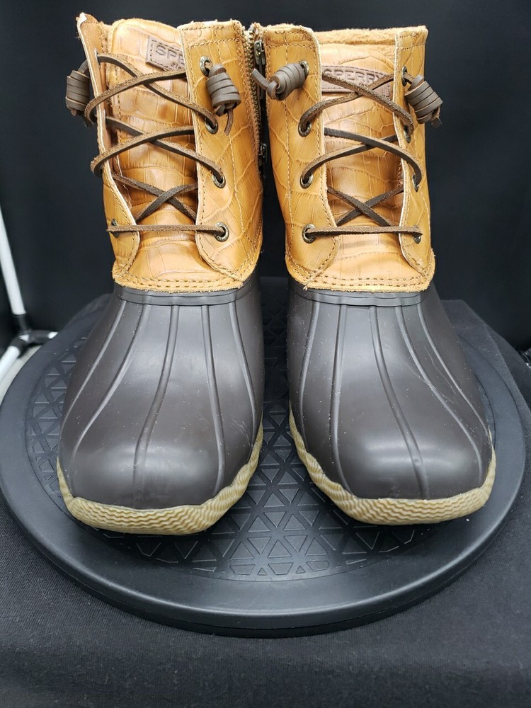 Sperry Women's Tan Leather Duck Boots Size 9.5 Croc Pattern Saltwater Style