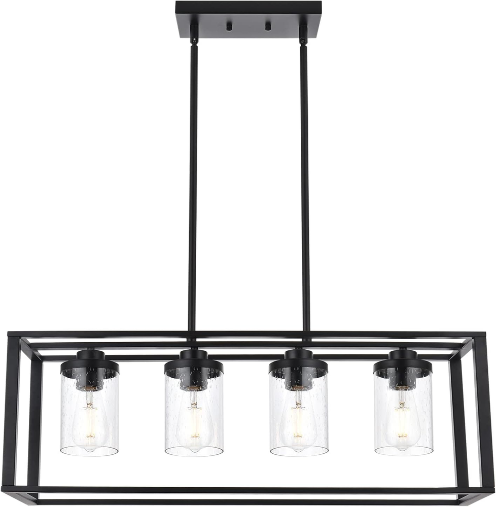 4-Lights Dining Room Chandelier Lighting Fixtures with Seeded Glass, Linear Pend