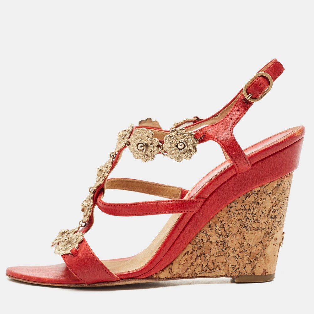 Chanel Red Leather Floral CC Cork Wedge Sandals Size 38