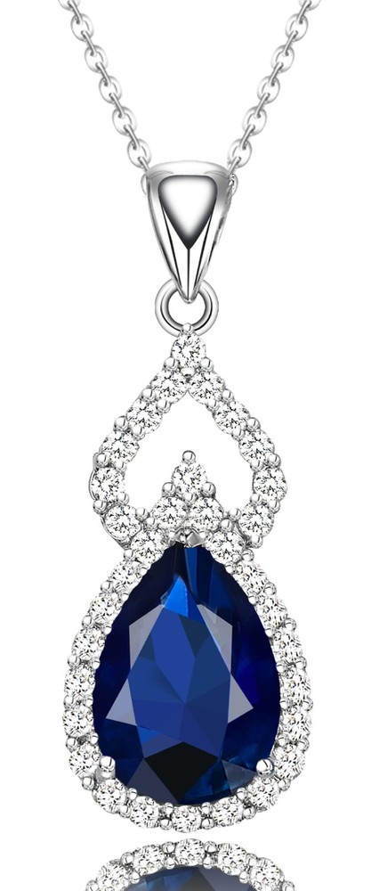 Necklace Pendant for Women With Created Blue Sapphire,Silver Tone Teardrop Ge...