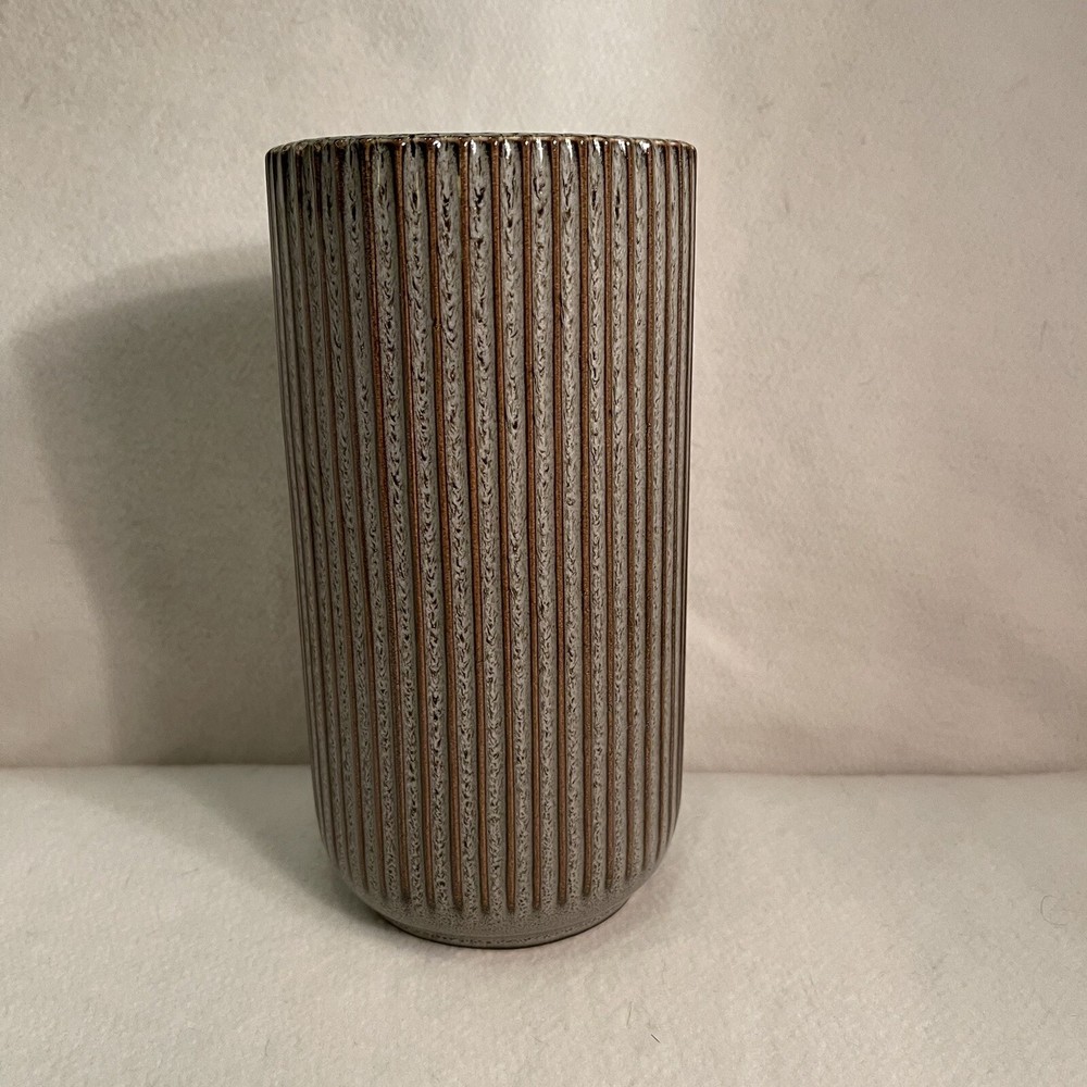 Handmade Brown Grey Art Pottery Vase with Vertical Lines