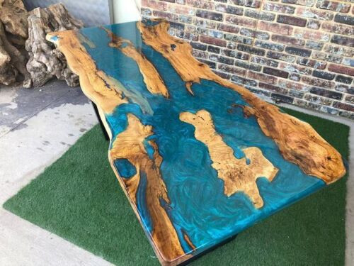 Blue Epoxy Resin river Table , Live Edge Wooden Epoxy Table , Dining Top Decors