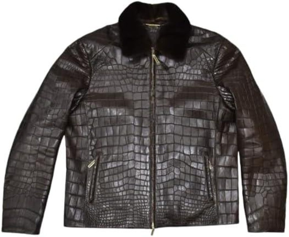 Men’s Black Crocodile Print Leather Jacket Zip-Up Bomber with Faux Fur Collar