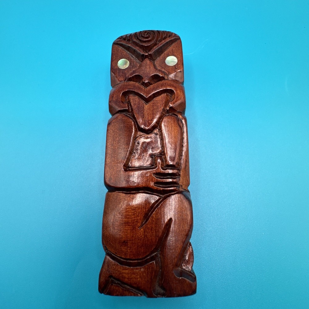 VTG Hand Carved Tiki Island Man Wooden Figure Shell Opal Eyes Carving Tongue Out