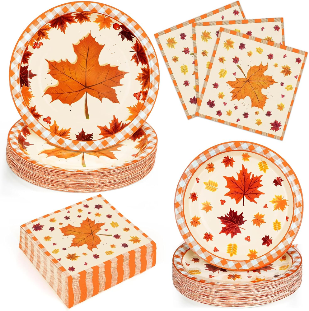 200PCS Thanksgiving Paper Plates Napkins Set Fall Maple Leaf Autum Party Decor