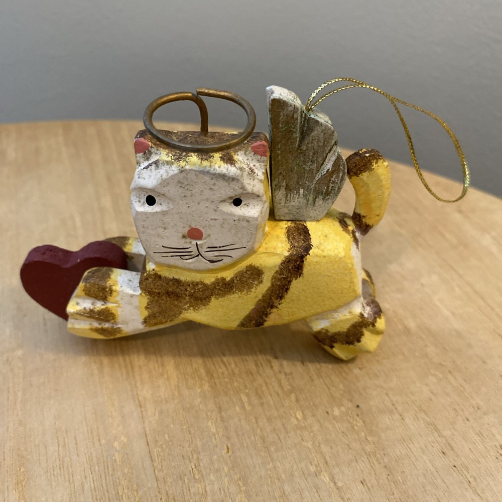 Wooden Cat Angel Ornament Metal Halo Wings Folk Art Hand Painted