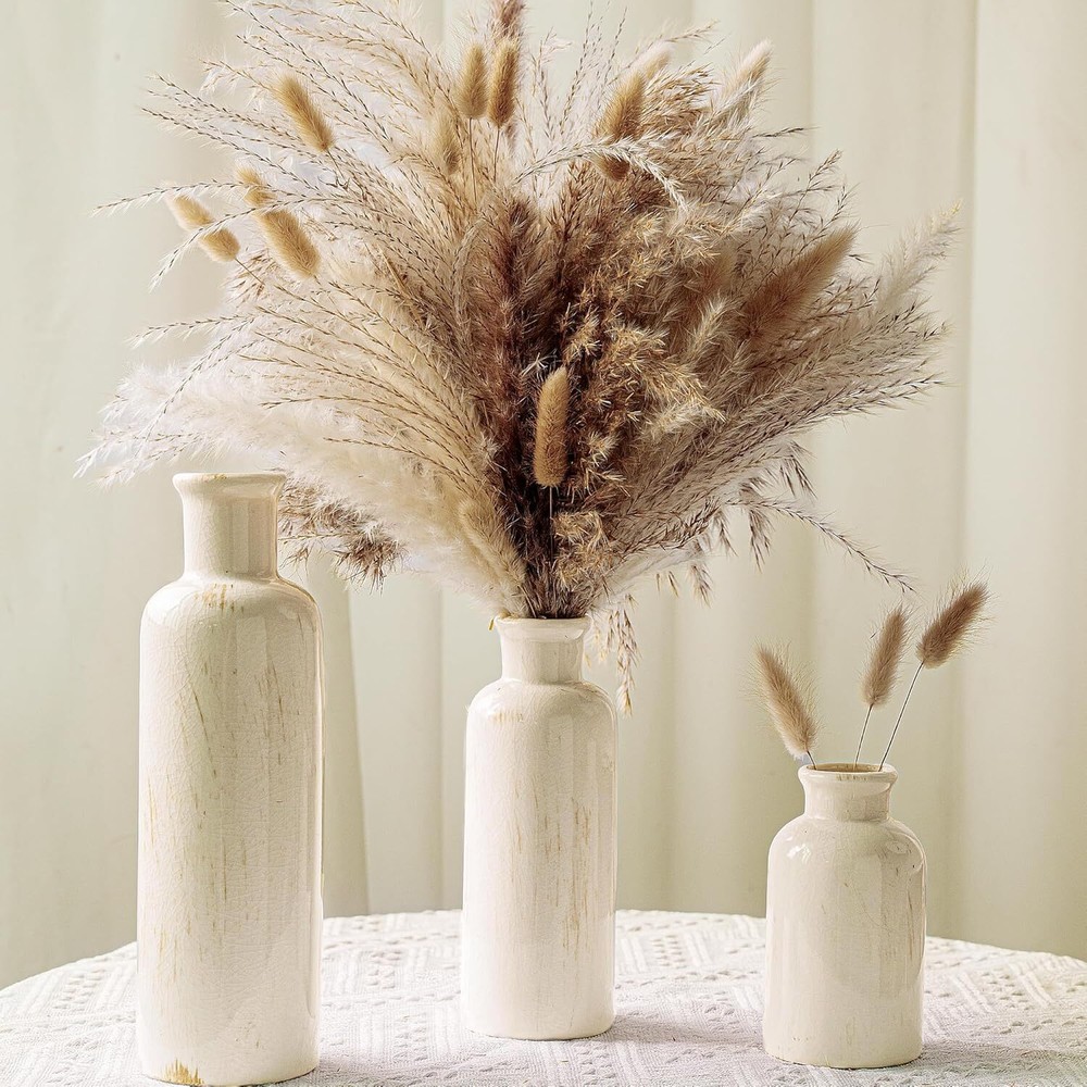 Natural Pampas Grass Set - 3 Beige White Ceramic Vases with Dried Grasses