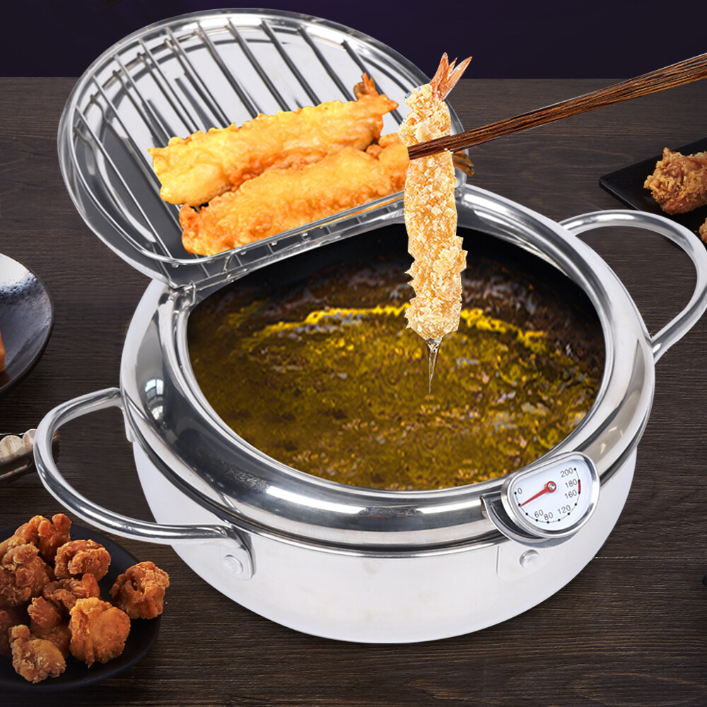 Japanese Tempura Fryer Pan with Temp Control - Stainless Steel Deep Fryer