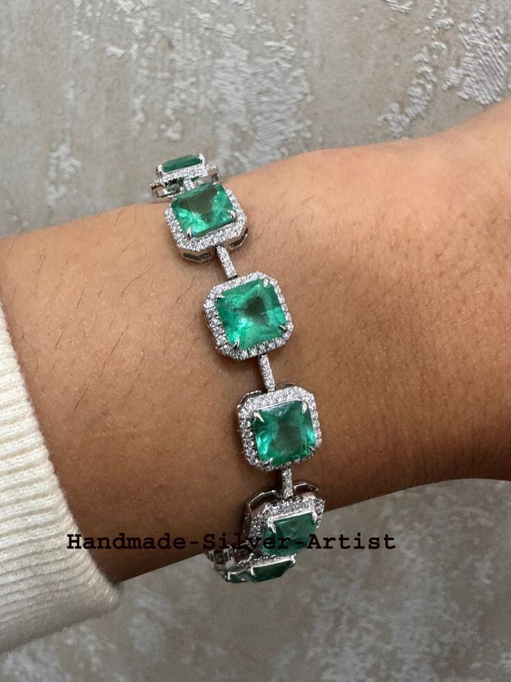 Natural Rosecut Diamond Emerald 925 Sterling Silver Wedding Bracelet Jewelry