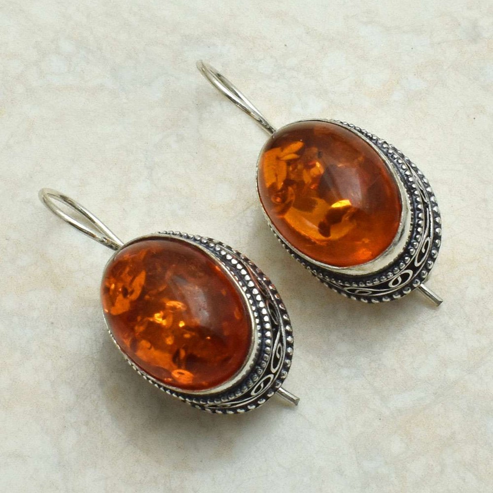 Amber Gemstone Drop Dangle Antique Design Earrings Jewelry 1.44