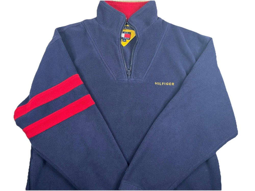 Vintage 90s Tommy Hilfiger Navy Fleece Pullover with Red Stripes Men’s Small