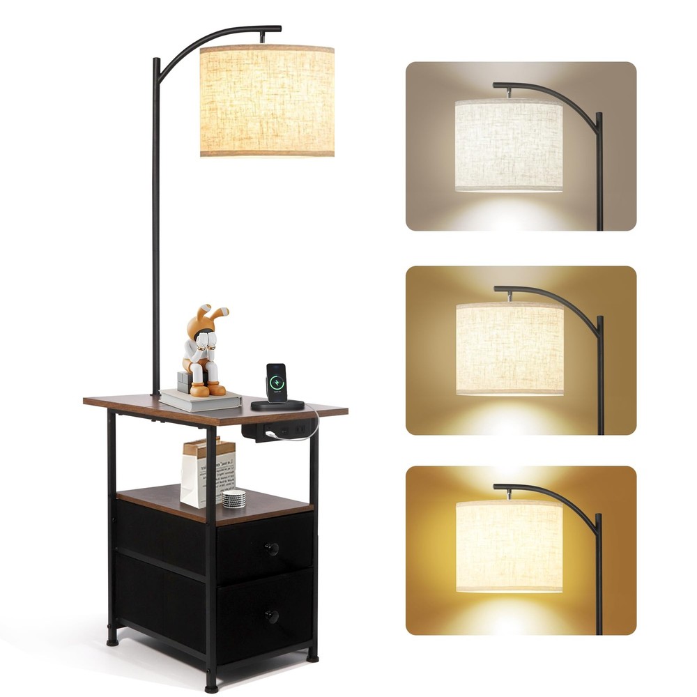 Floor Lamp with Side Table, 2 Drawers & 3 Adjustable Light Modes for Reading