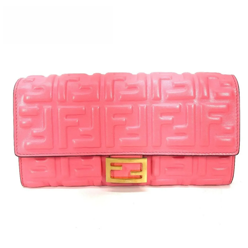 FENDI Zucca Baguette Continental Flap Bifold Wallet in Pink Leather with Auth