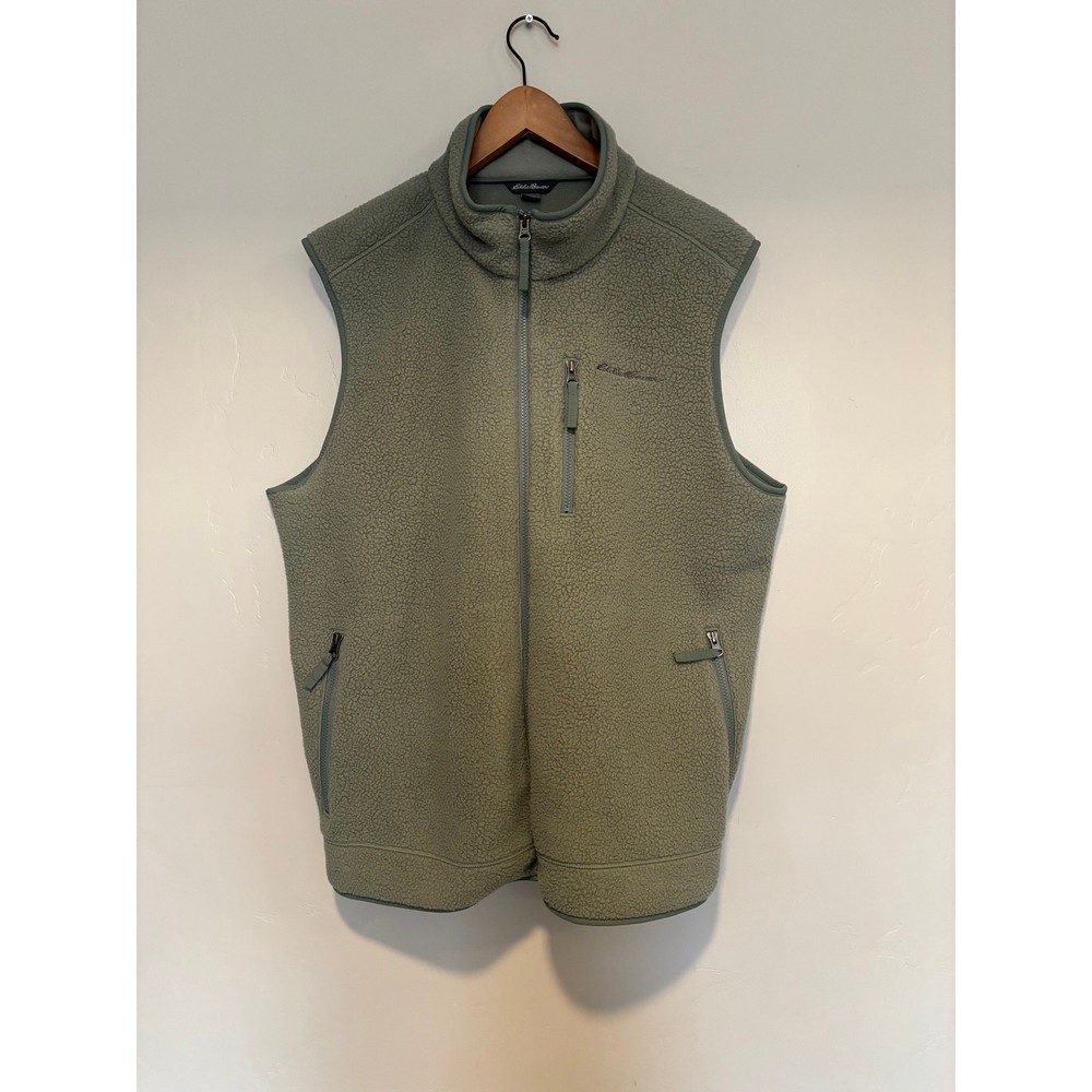 Eddie Bauer Vest Mens XLarge Green Sherpa Fleece Full Zip Outdoor Deep Pile Cosy