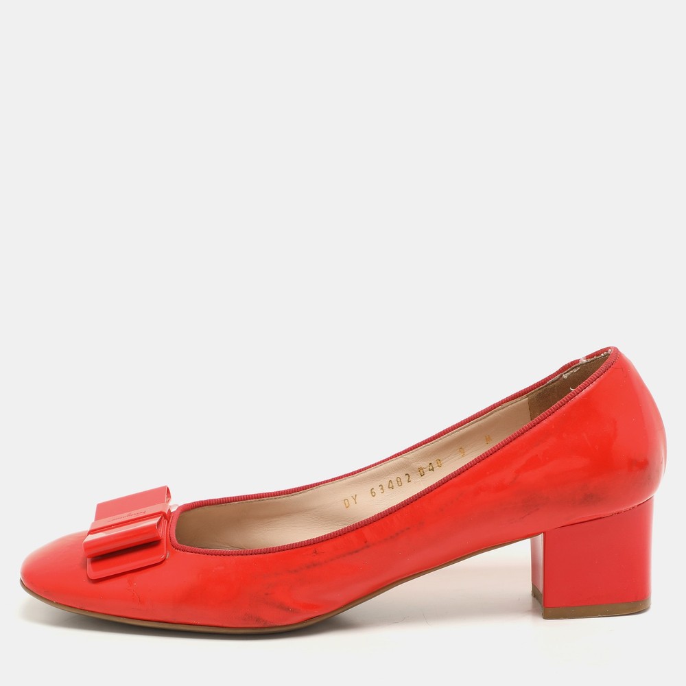 Salvatore Ferragamo Red Patent Leather Bow Heel Pumps Size 39.5
