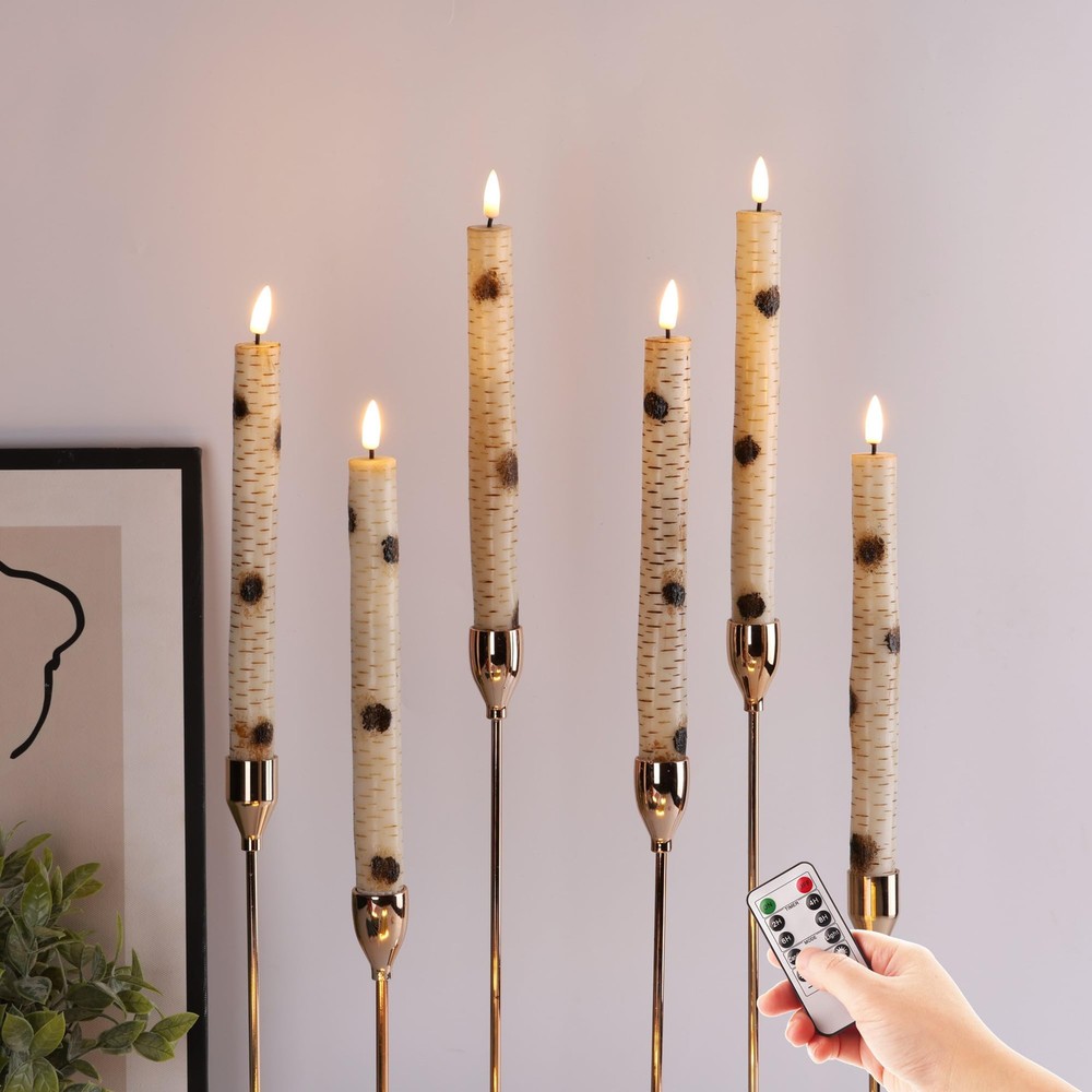 Birch Bark Flameless Taper Candles with Remote, Flickering Battery Operated L...
