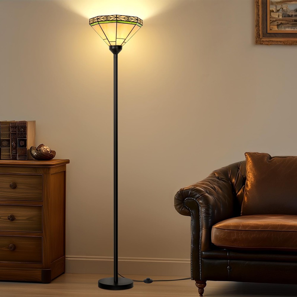 Vintage Tiffany Floor Lamp with Stained Glass Shade Tochiere Standing Light