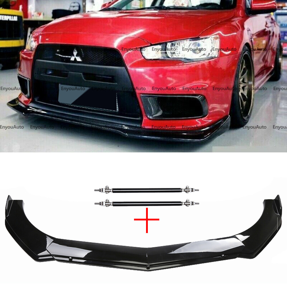 For Mitsubishi LANCER Front Bumper Lip Spoiler + Strut Rods Glossy Black