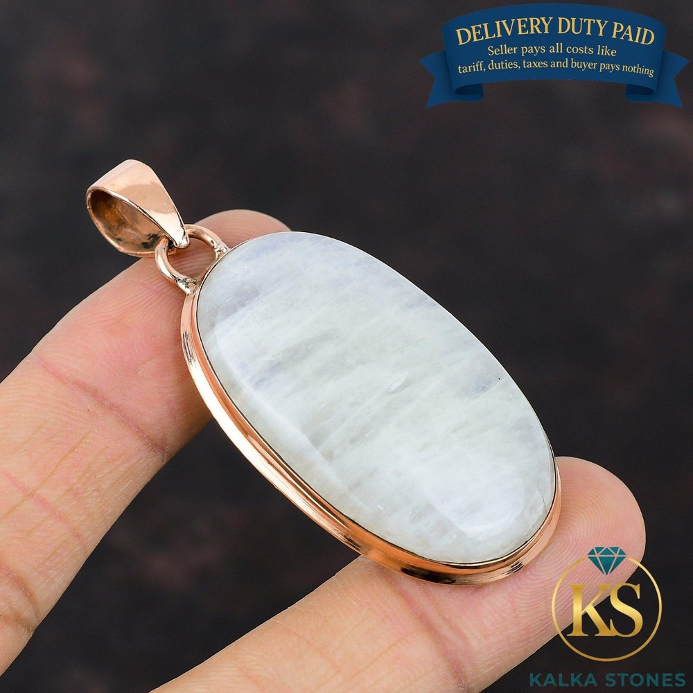 Mothers day Deal Copper Oval Natural Rainbow Moonstone Handmade Trendy Pendant