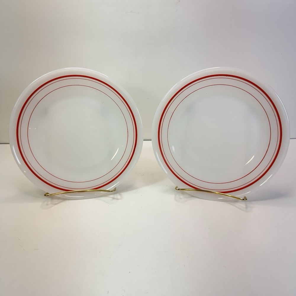 Termocrisa Mexico Set of 2 Milk Glass Small Plates / Salad Plates Red Bands 7”