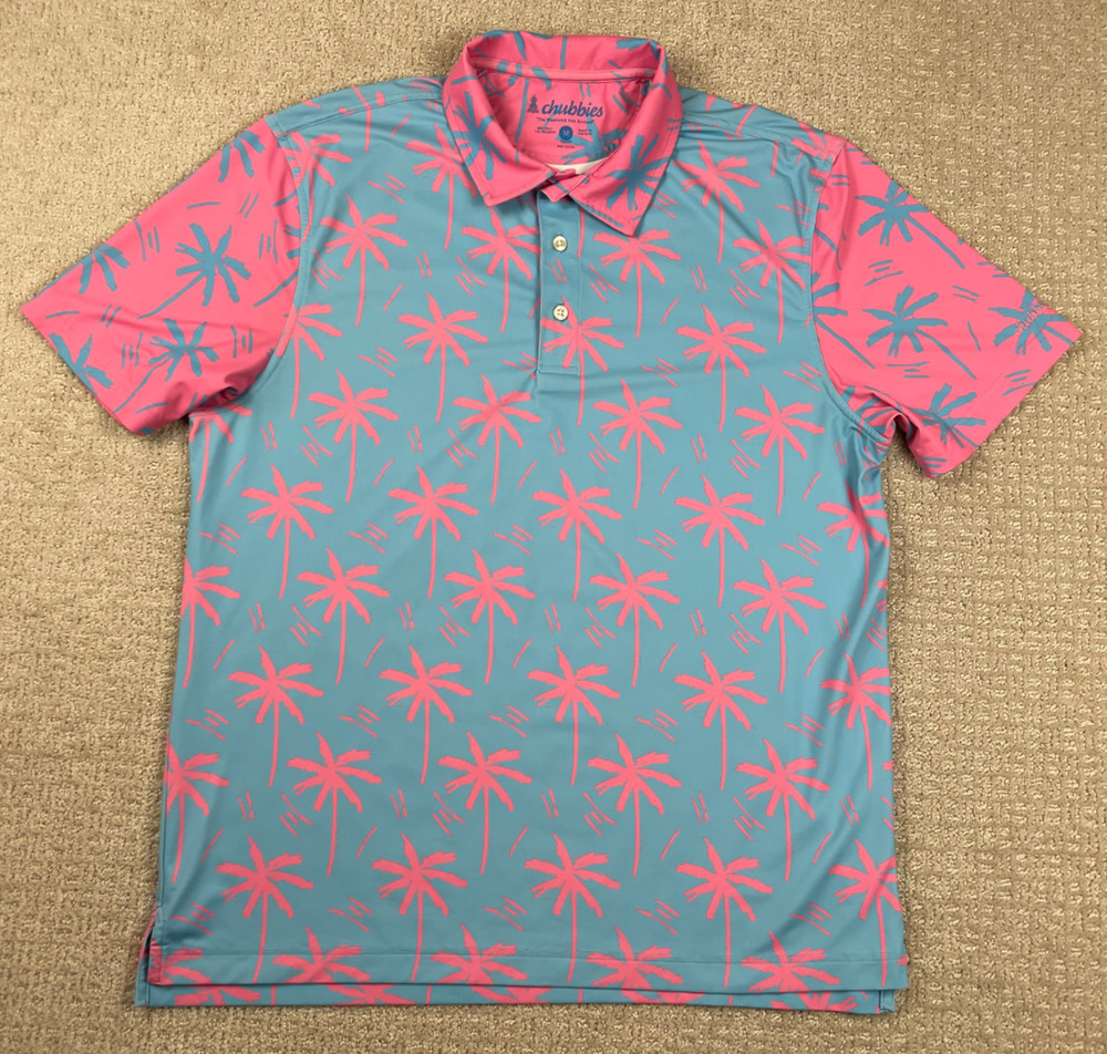 Chubbies Polo Shirt Mens Medium Electric Slide Pink Blue Palm Trees Performance